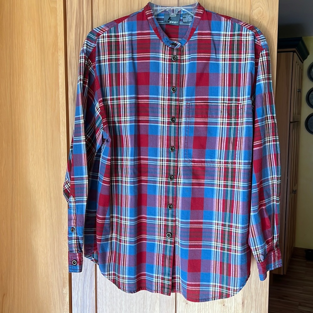 LIZ CLAIBORNE LIZ WEAR NARU COLLAR  BUTTON DOWN COTTON SHIRT LARGE - PLAID EUC